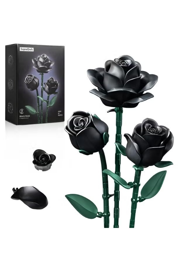 Black Roses Flower Building Set - 3Pack, Stocking Stuffers Gift - Retro Artificial Flowers Botanical Collection Home Decor - Image 1